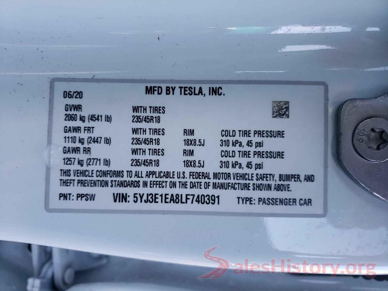 5YJ3E1EA8LF740391 2020 TESLA MODEL 3