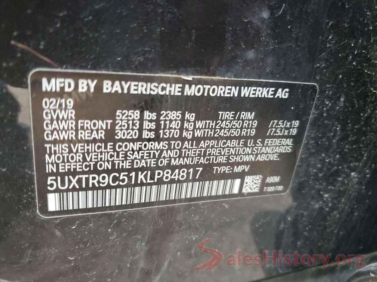 5UXTR9C51KLP84817 2019 BMW X3