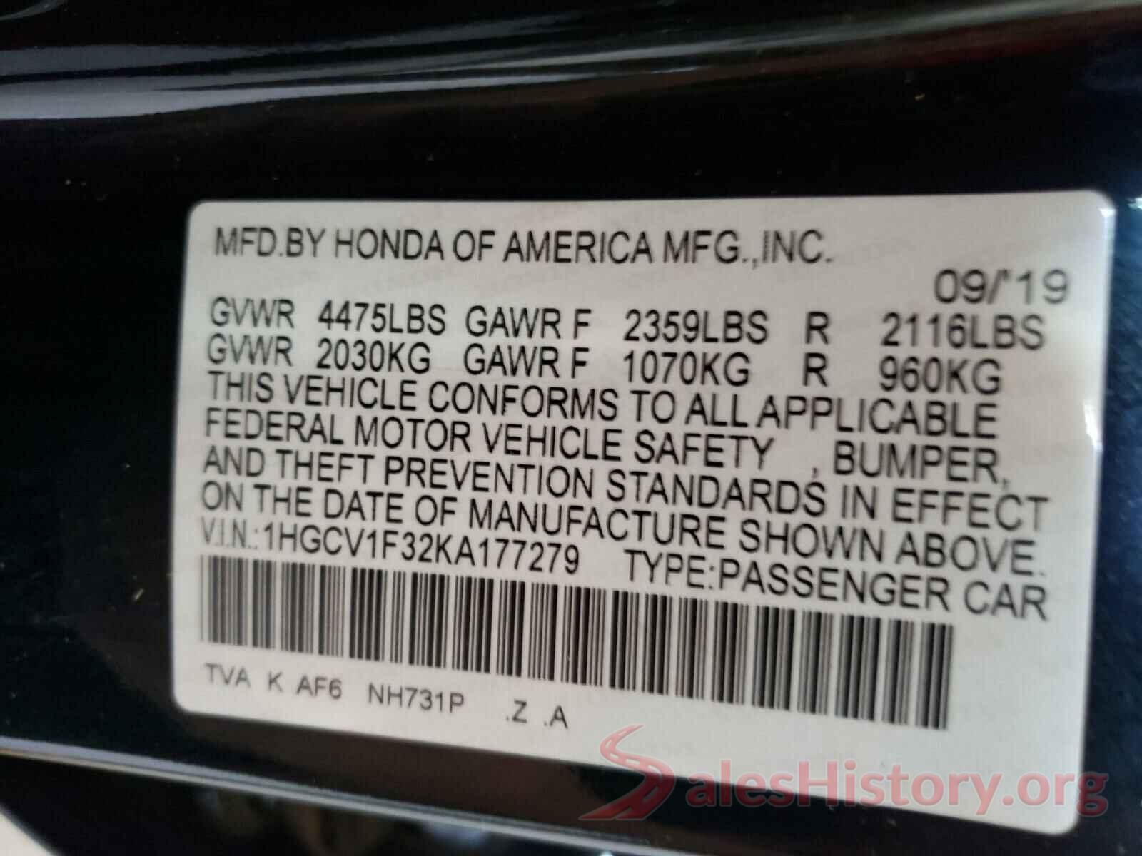 1HGCV1F32KA177279 2019 HONDA ACCORD