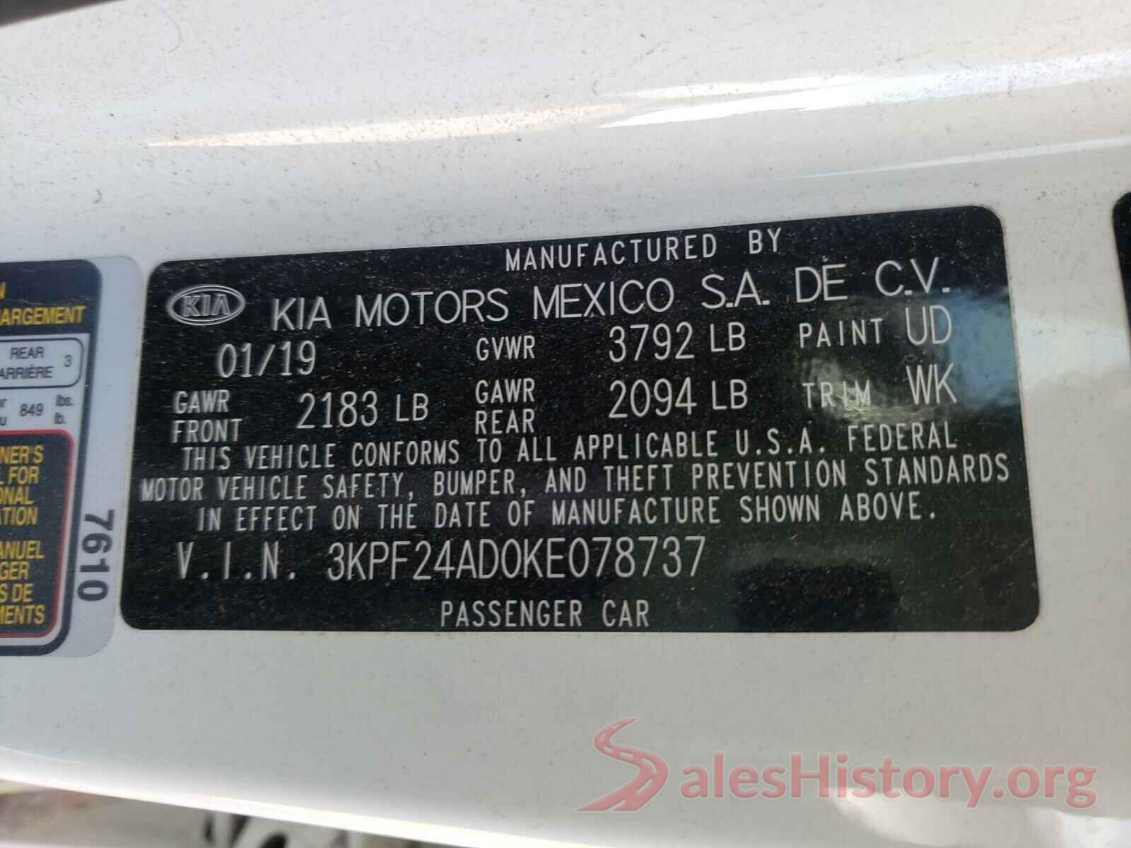 3KPF24AD0KE078737 2019 KIA FORTE