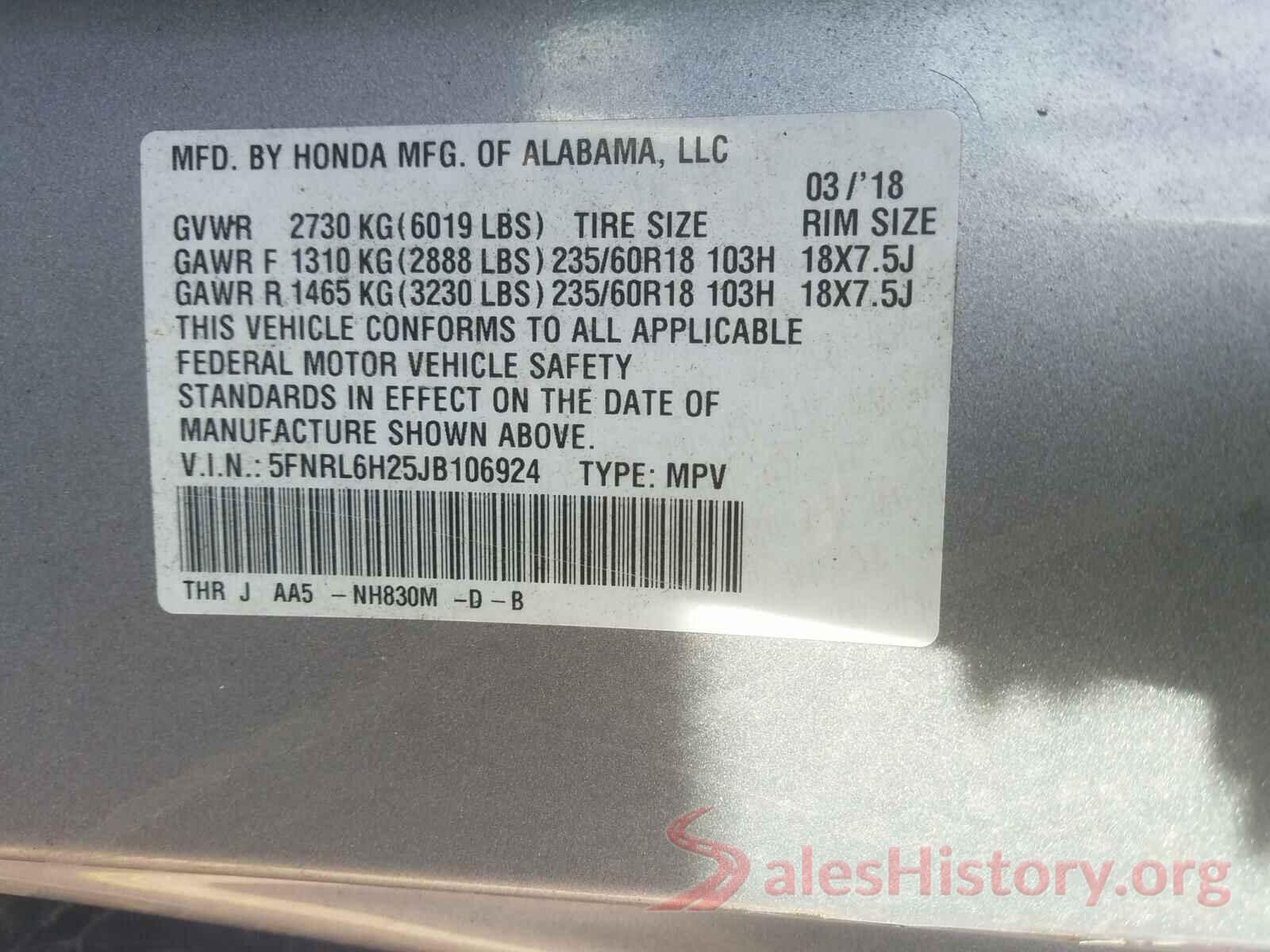 5FNRL6H25JB106924 2018 HONDA ODYSSEY