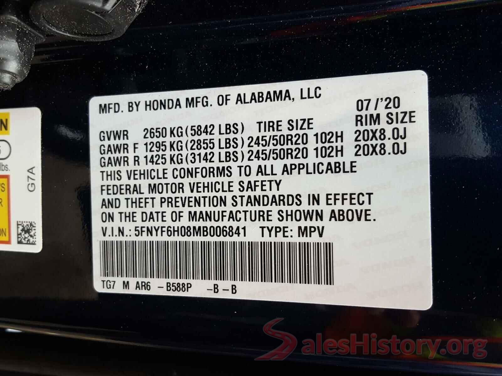 5FNYF6H08MB006841 2021 HONDA PILOT