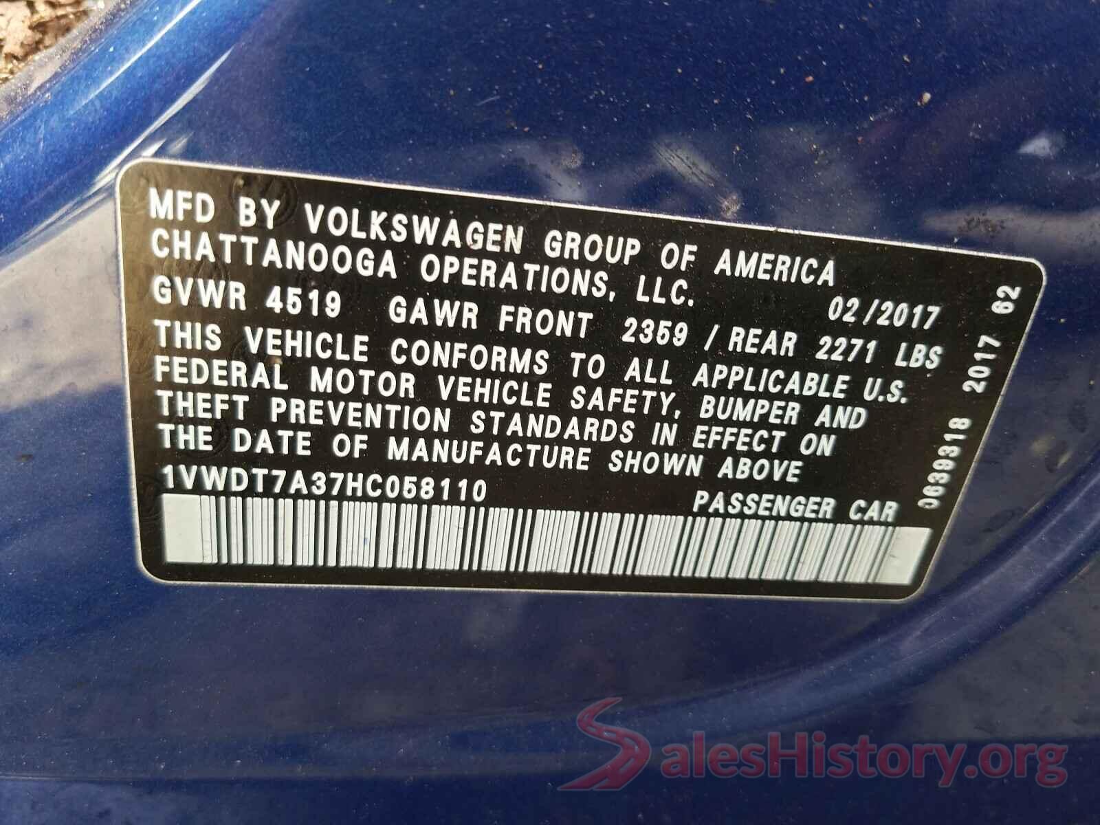 1VWDT7A37HC058110 2017 VOLKSWAGEN PASSAT