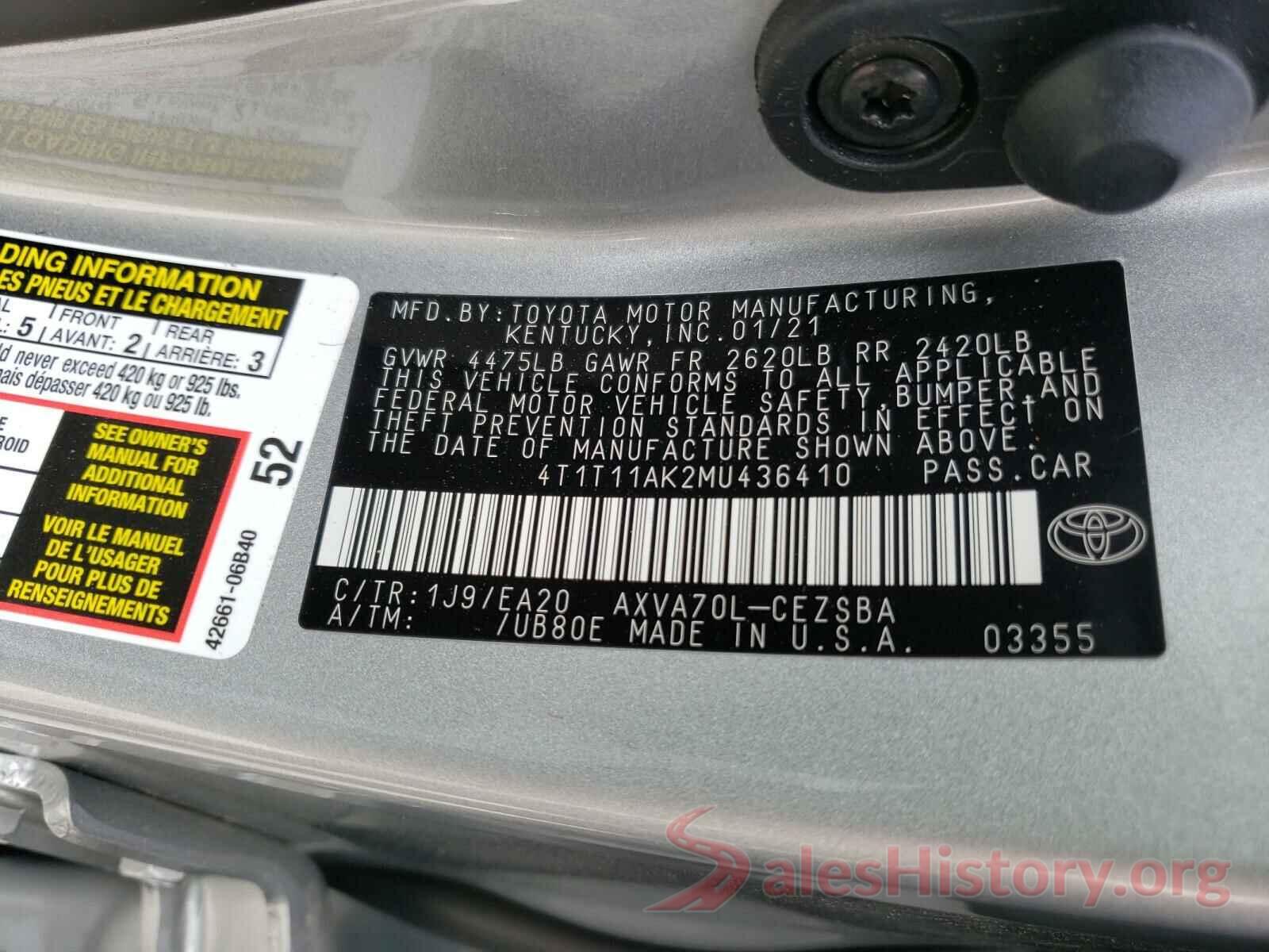 4T1T11AK2MU436410 2021 TOYOTA CAMRY