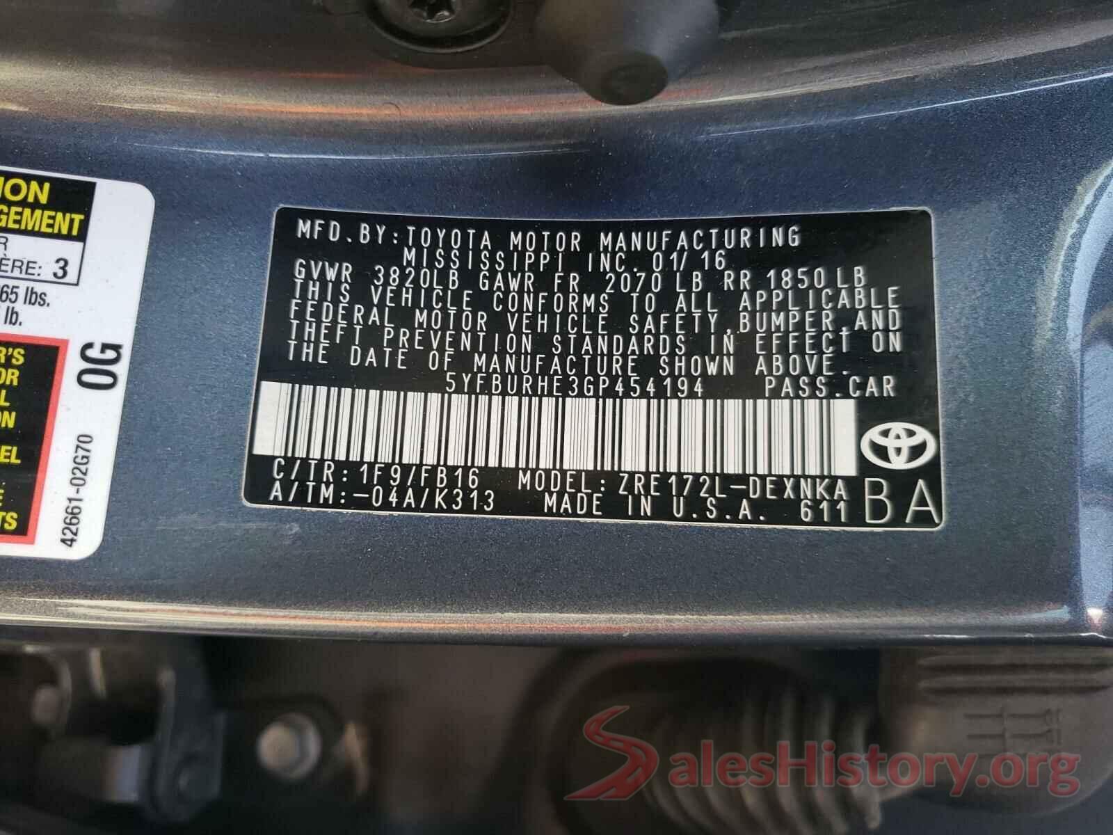 5YFBURHE3GP454194 2016 TOYOTA COROLLA