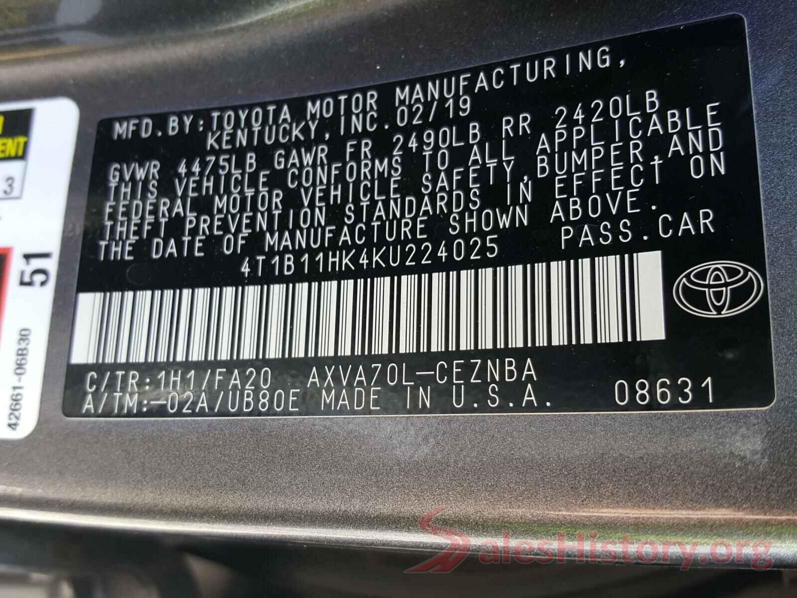 4T1B11HK4KU224025 2019 TOYOTA CAMRY