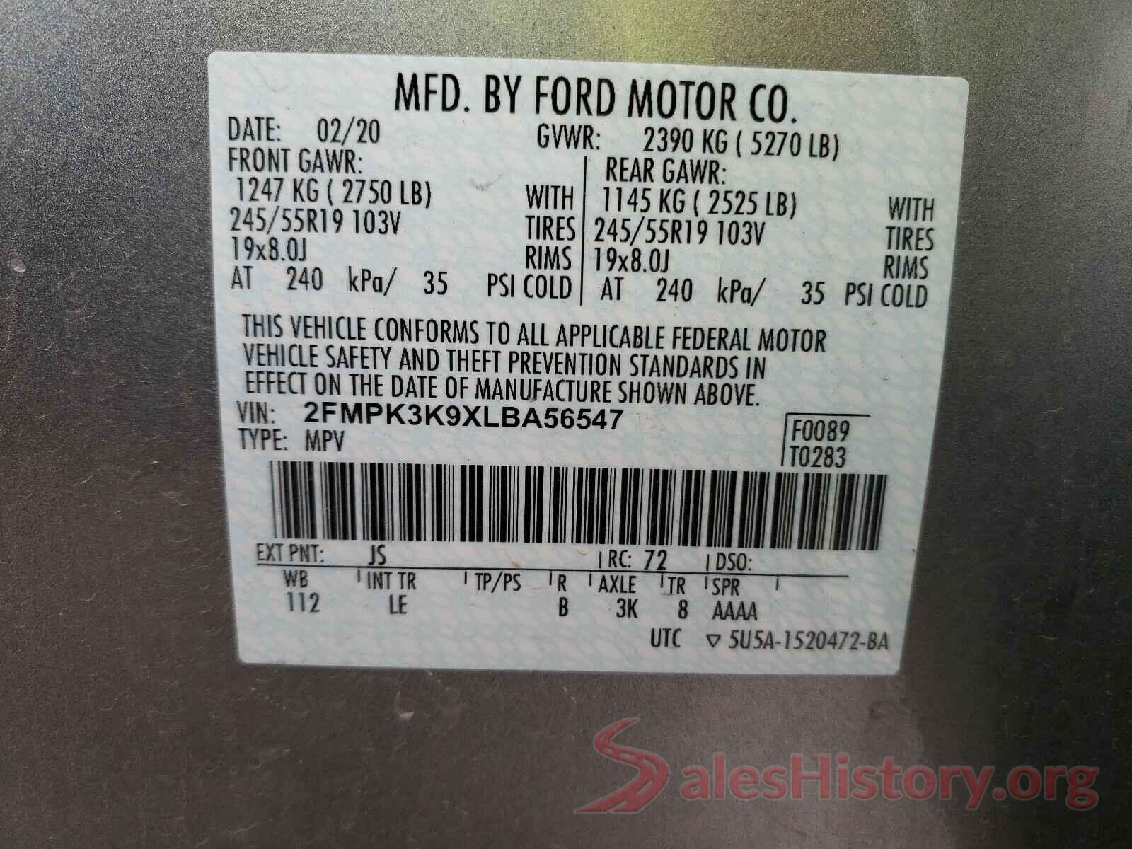 2FMPK3K9XLBA56547 2020 FORD EDGE