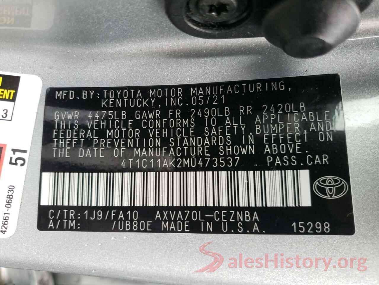 4T1C11AK2MU473537 2021 TOYOTA CAMRY