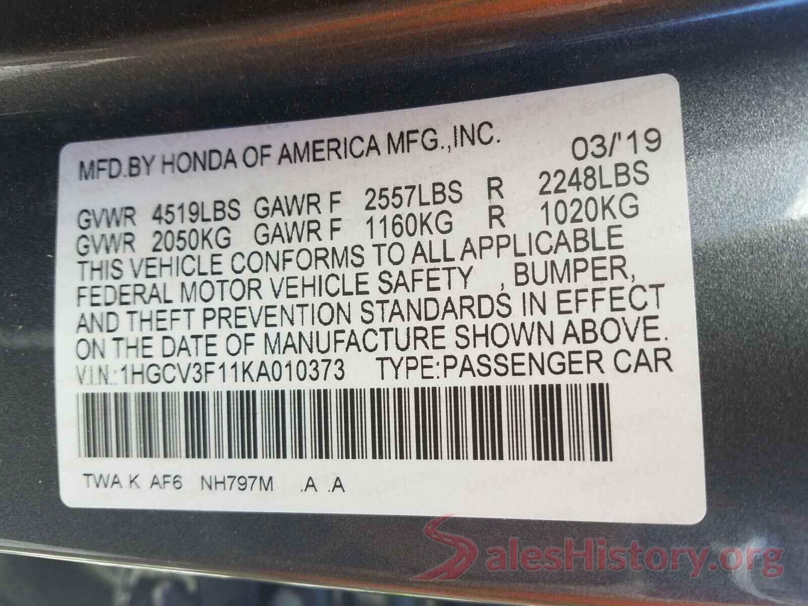 1HGCV3F11KA010373 2019 HONDA ACCORD