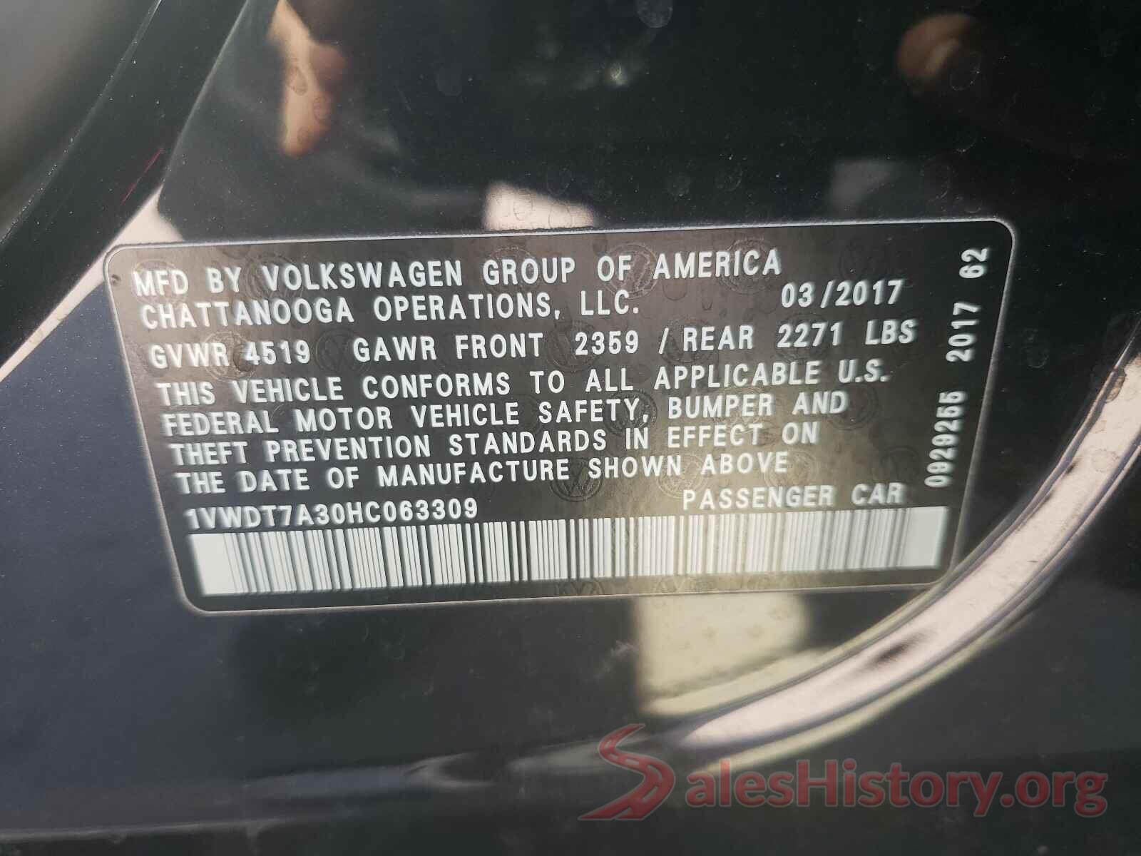 1VWDT7A30HC063309 2017 VOLKSWAGEN PASSAT