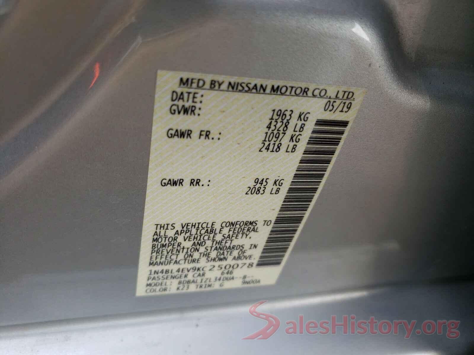 1N4BL4EV9KC250078 2019 NISSAN ALTIMA