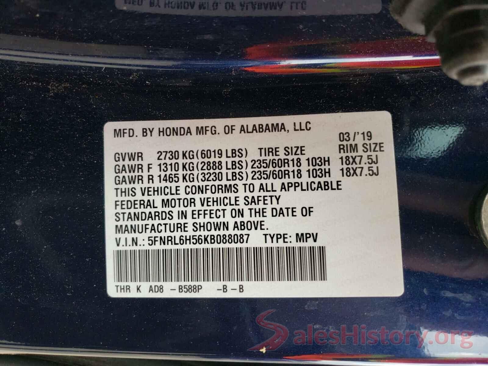 5FNRL6H56KB088087 2019 HONDA ODYSSEY