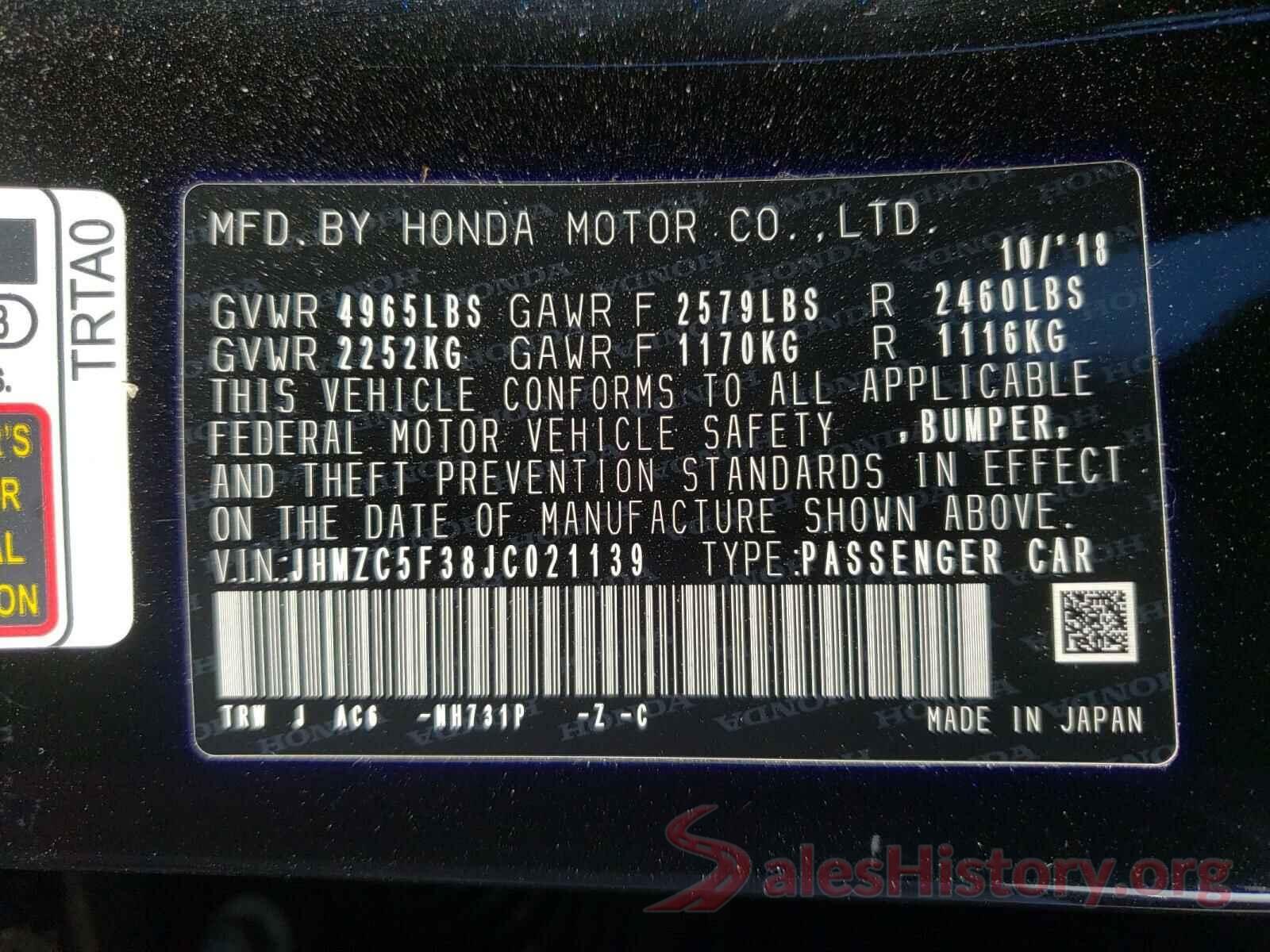 JHMZC5F38JC021139 2018 HONDA CLARITY