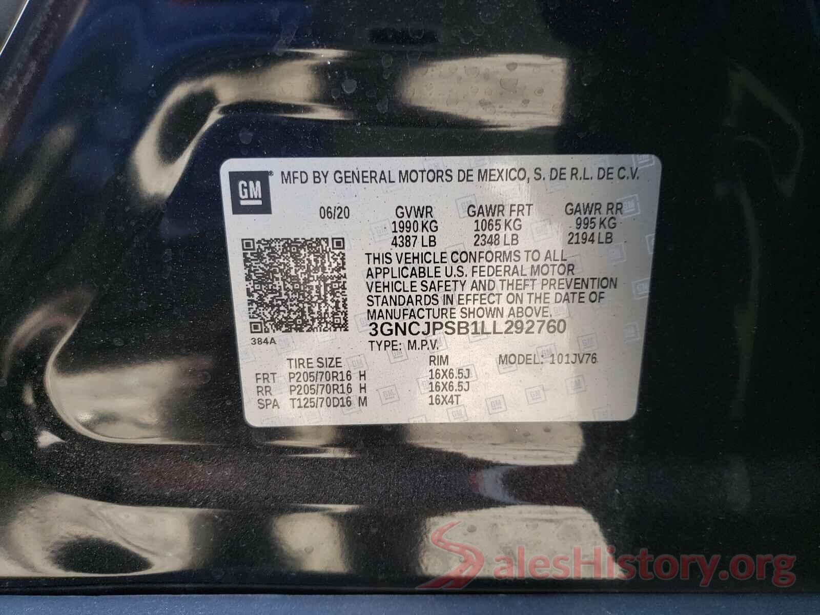 3GNCJPSB1LL292760 2020 CHEVROLET TRAX