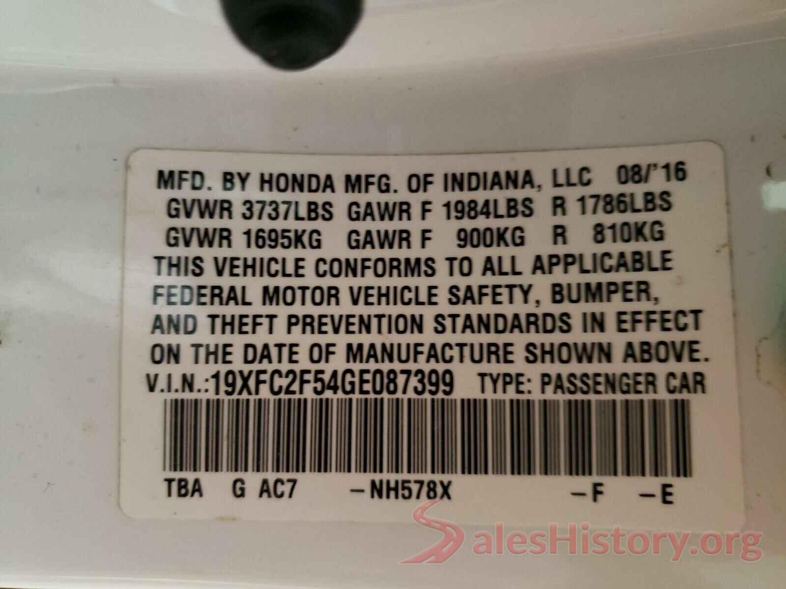 19XFC2F54GE087399 2016 HONDA CIVIC