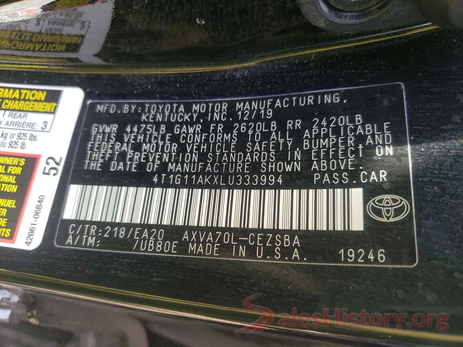 4T1G11AKXLU333994 2020 TOYOTA CAMRY