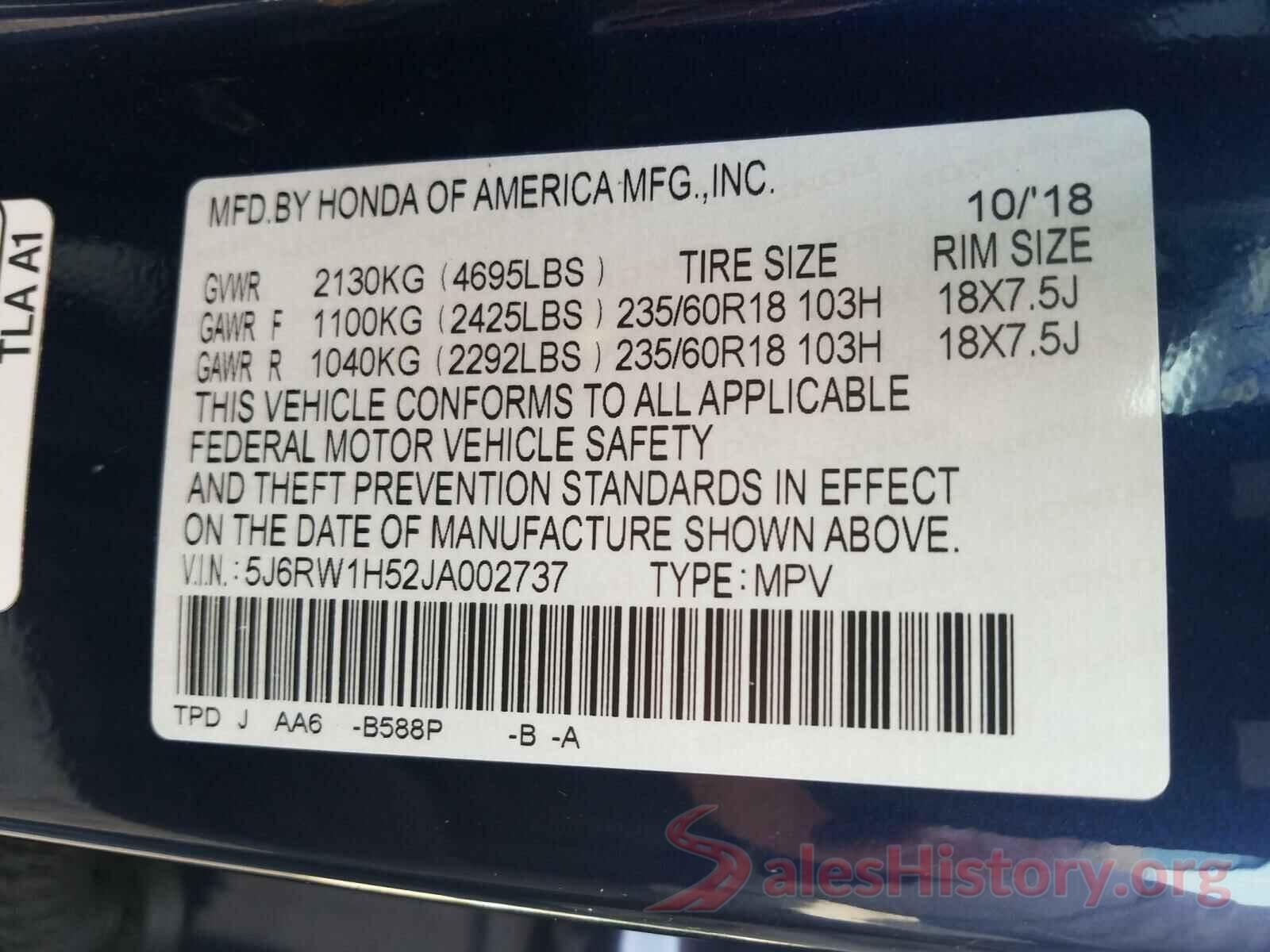 5J6RW1H52JA002737 2018 HONDA CRV