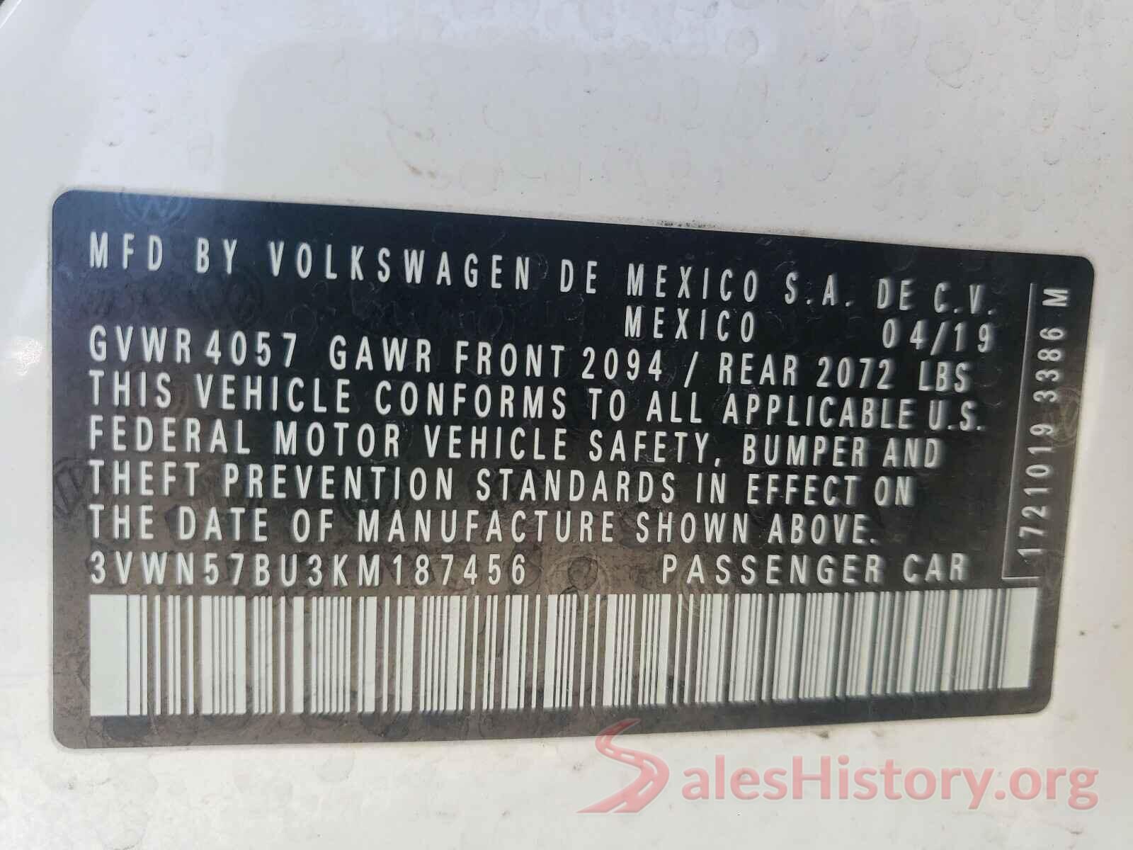 3VWN57BU3KM187456 2019 VOLKSWAGEN JETTA