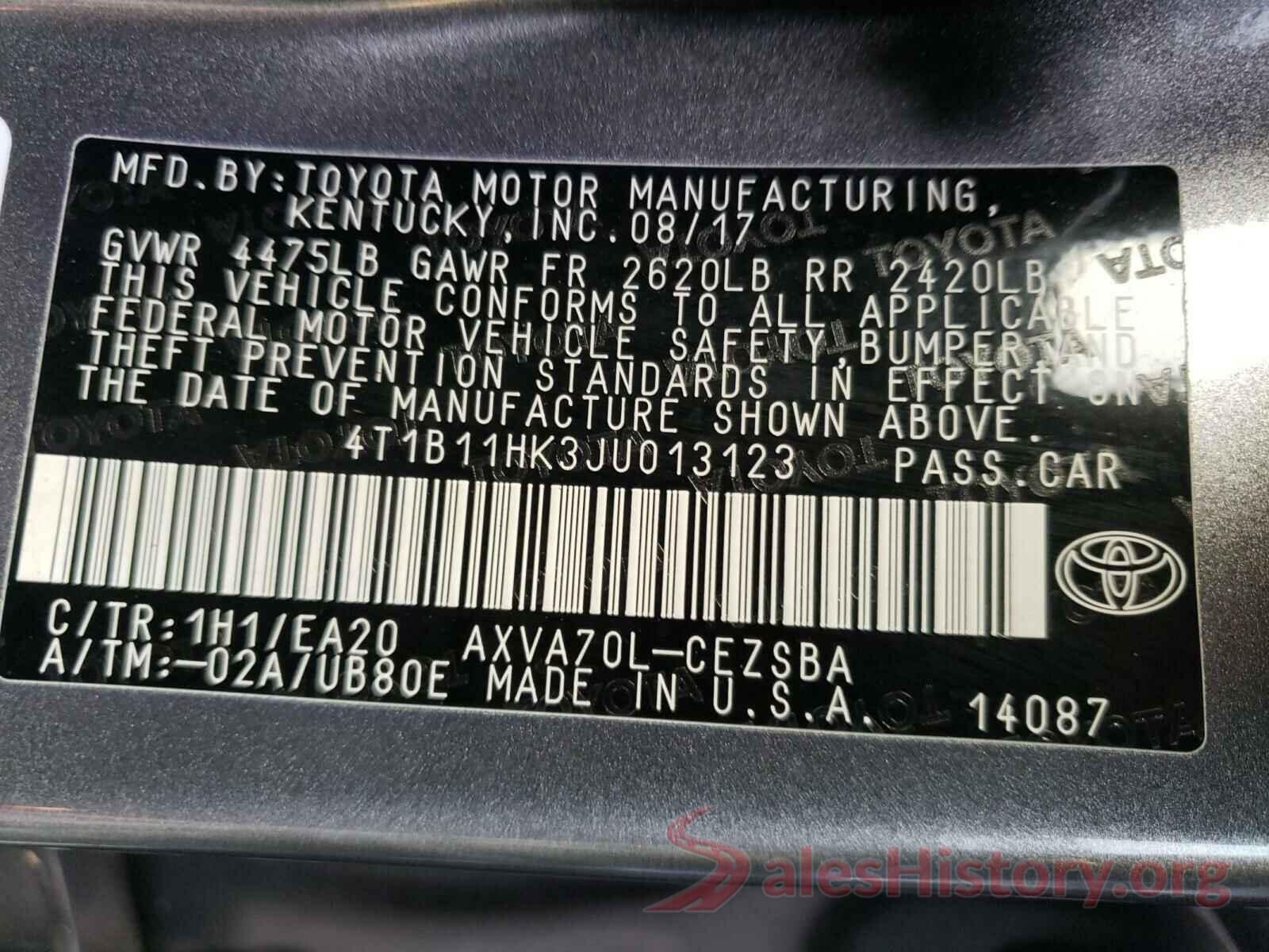 4T1B11HK3JU013123 2018 TOYOTA CAMRY