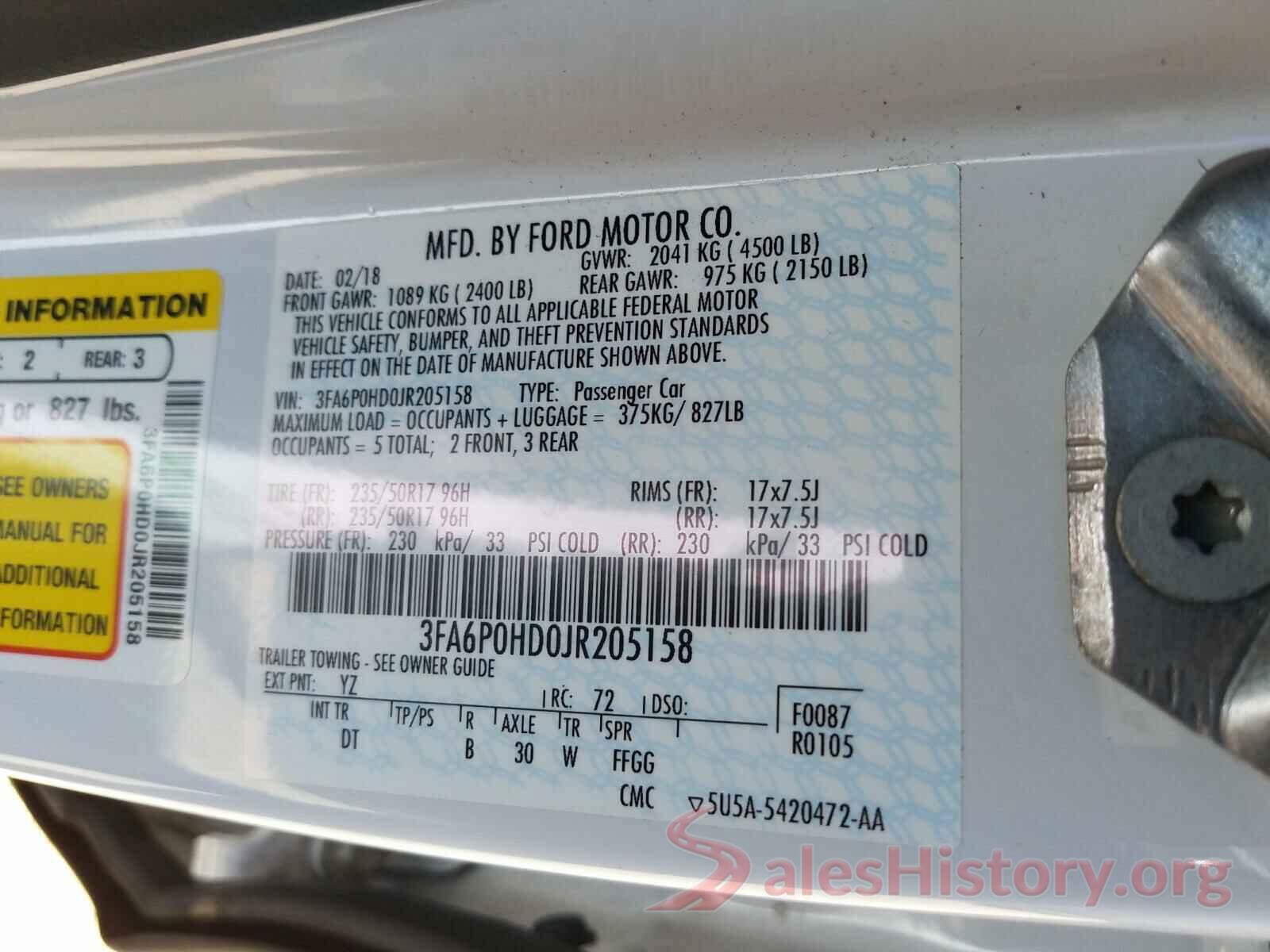 3FA6P0HD0JR205158 2018 FORD FUSION