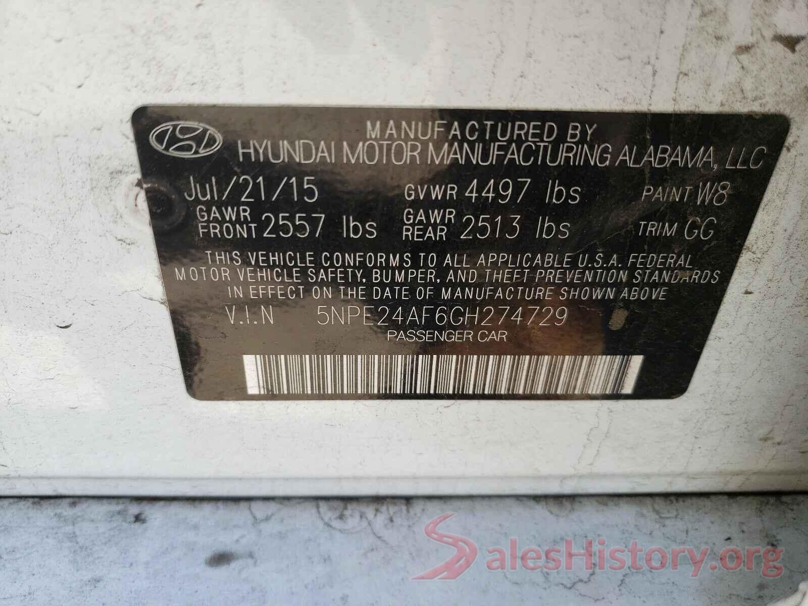 5NPE24AF6GH274729 2016 HYUNDAI SONATA