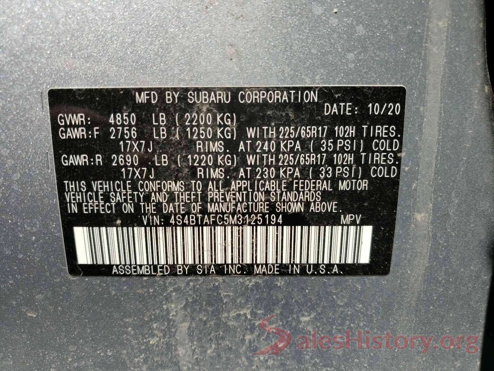 4S4BTAFC5M3125194 2021 SUBARU OUTBACK