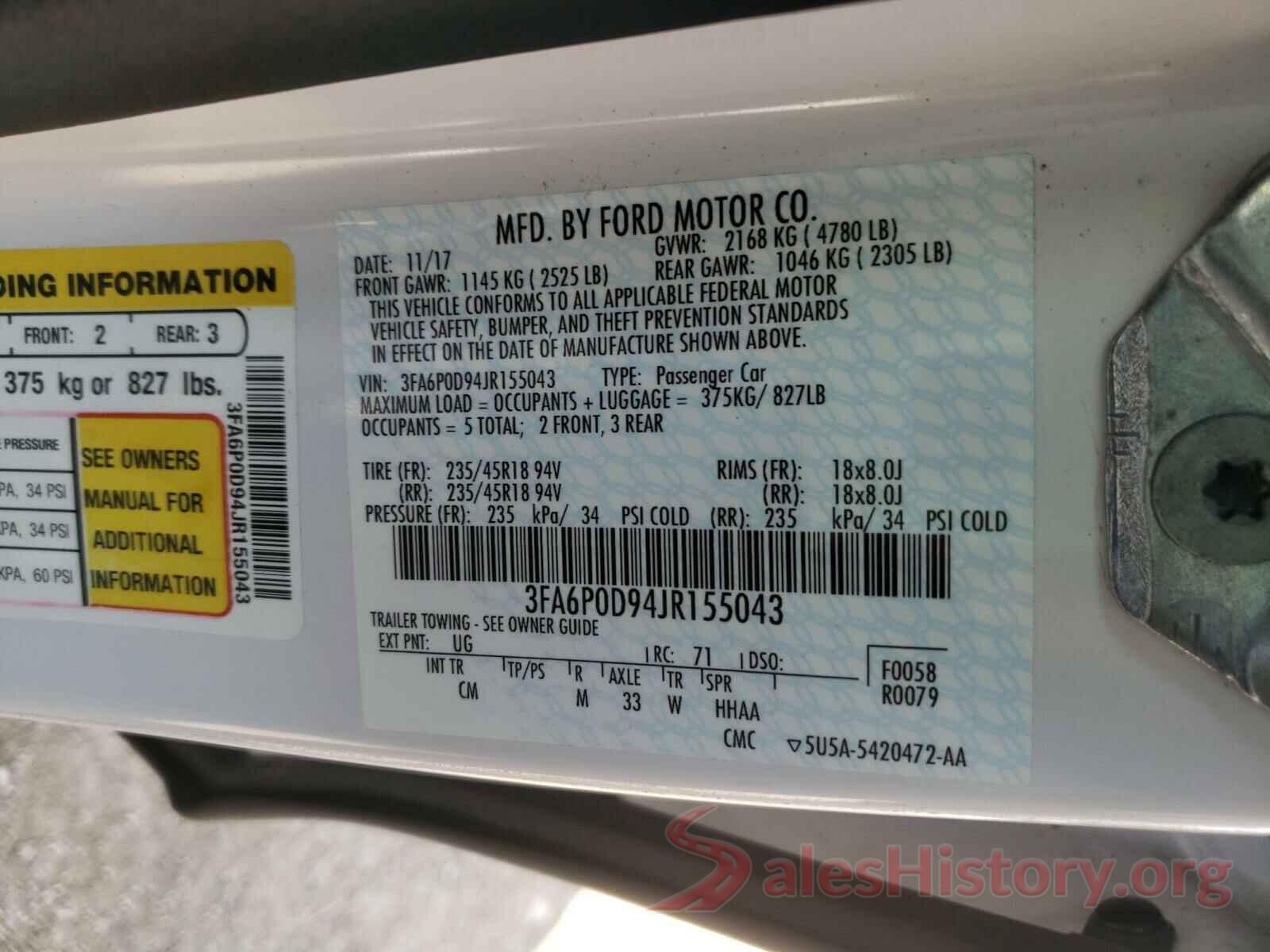 3FA6P0D94JR155043 2018 FORD FUSION