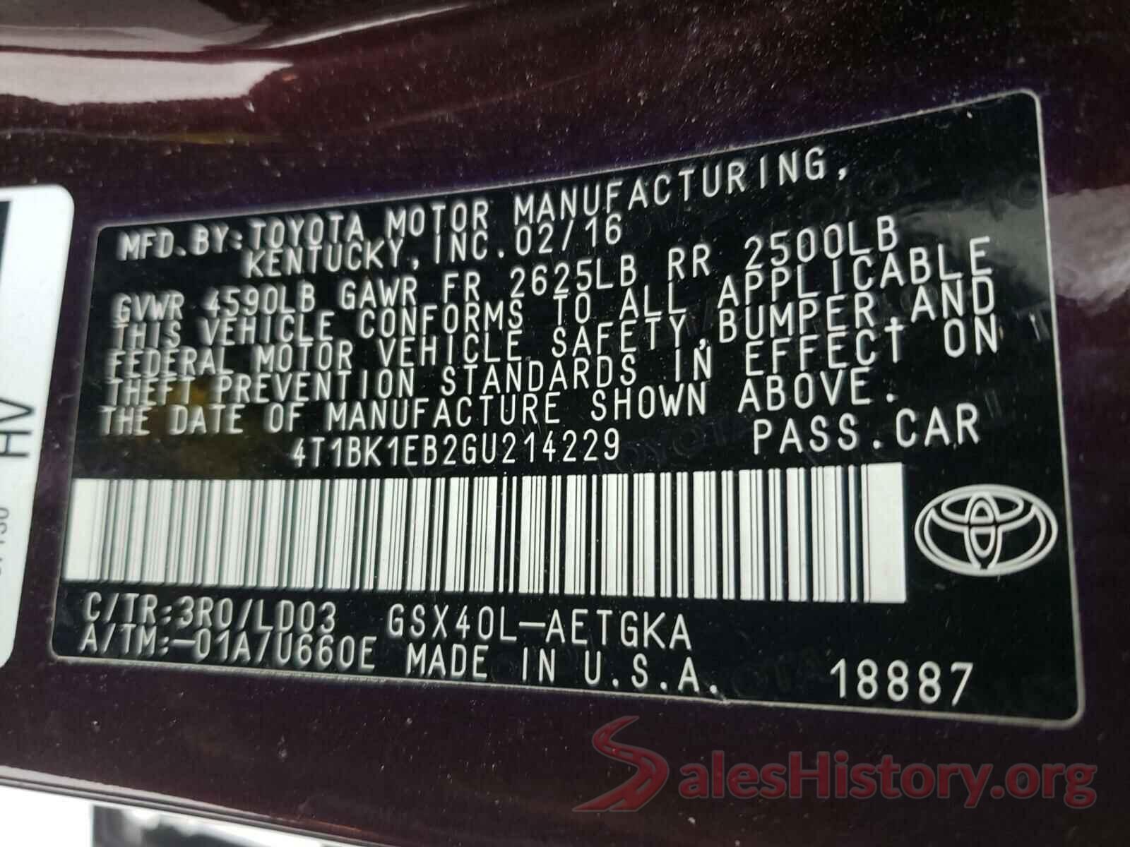 4T1BK1EB2GU214229 2016 TOYOTA AVALON