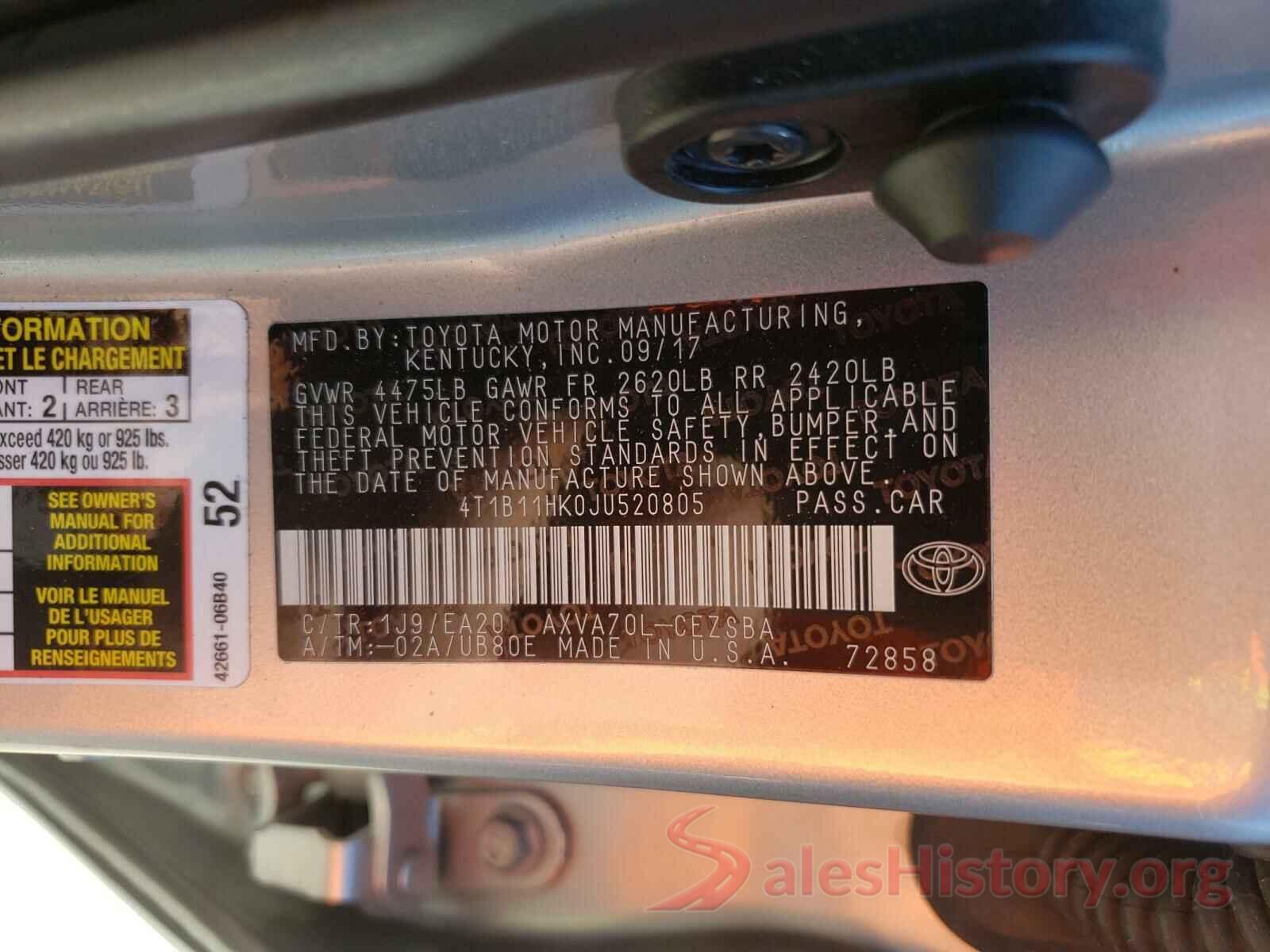 4T1B11HK0JU520805 2018 TOYOTA CAMRY