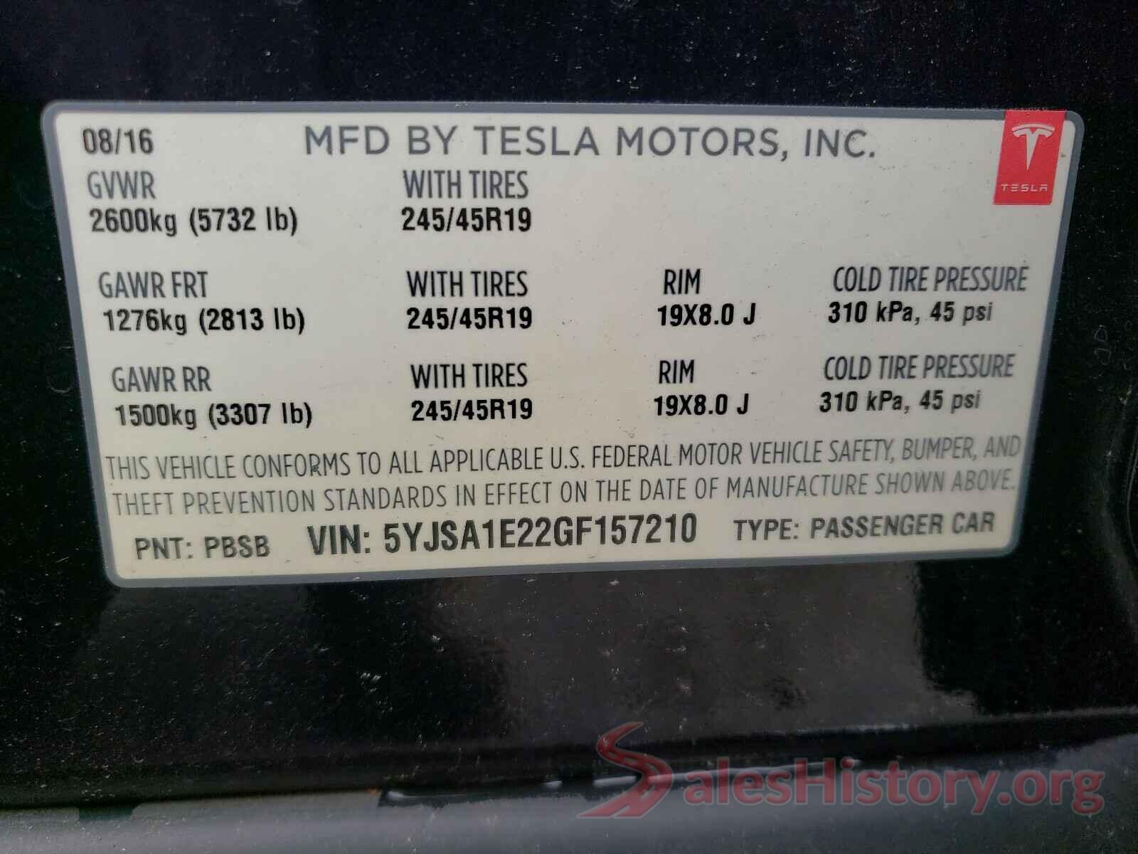 5YJSA1E22GF157210 2016 TESLA MODEL S