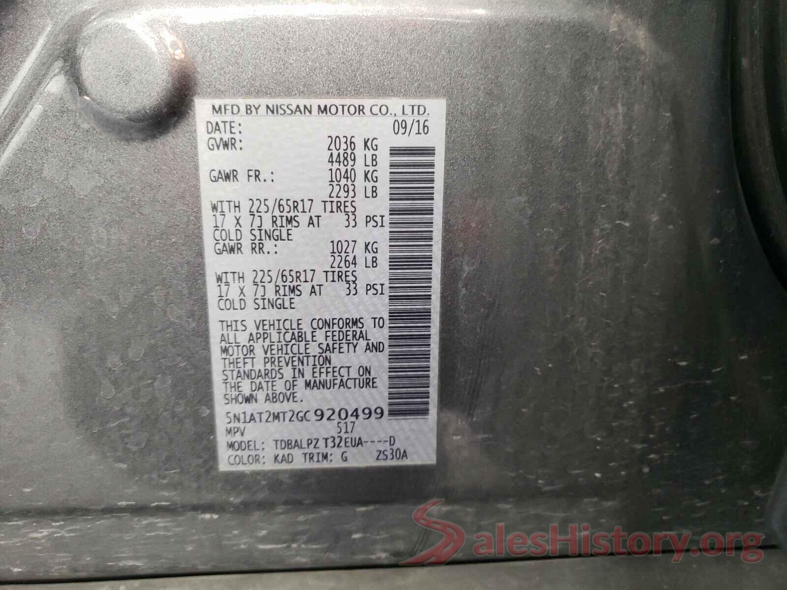 5N1AT2MT2GC920499 2016 NISSAN ROGUE