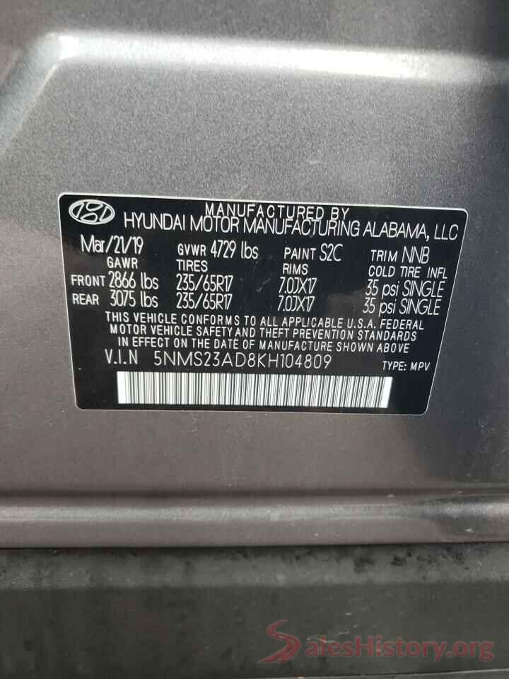 5NMS23AD8KH104809 2019 HYUNDAI SANTA FE