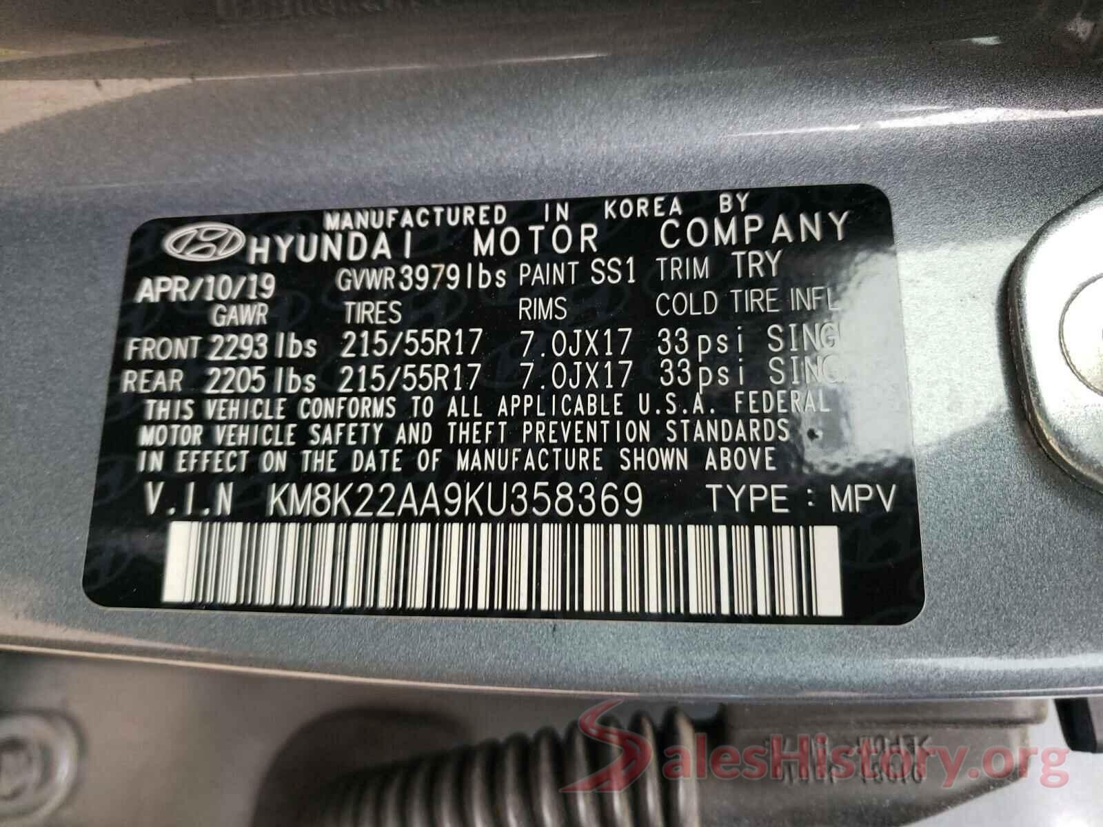 KM8K22AA9KU358369 2019 HYUNDAI KONA