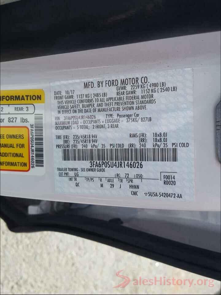 3FA6P0SU4JR146026 2018 FORD FUSION