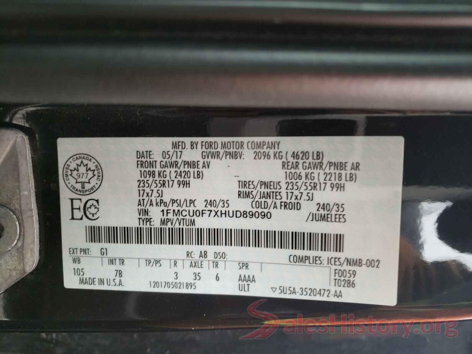 1FMCU0F7XHUD89090 2017 FORD ESCAPE