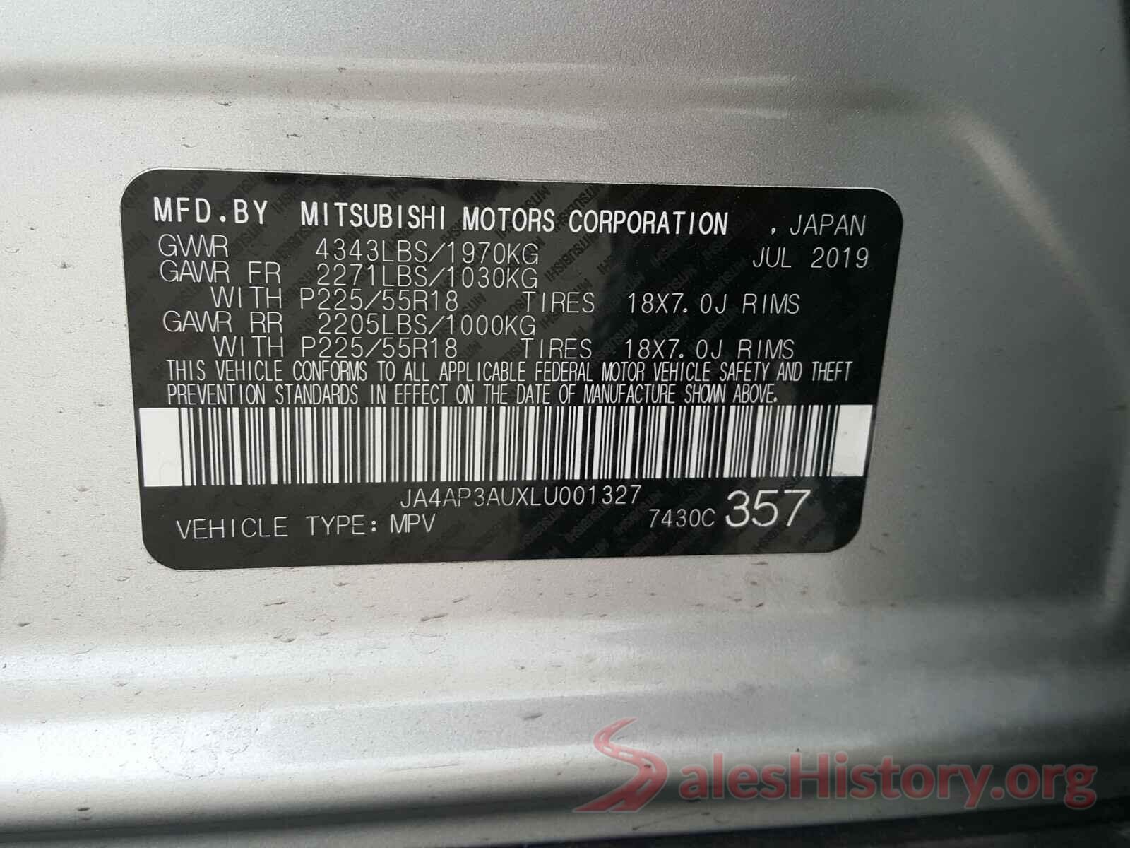 JA4AP3AUXLU001327 2020 MITSUBISHI OUTLANDER