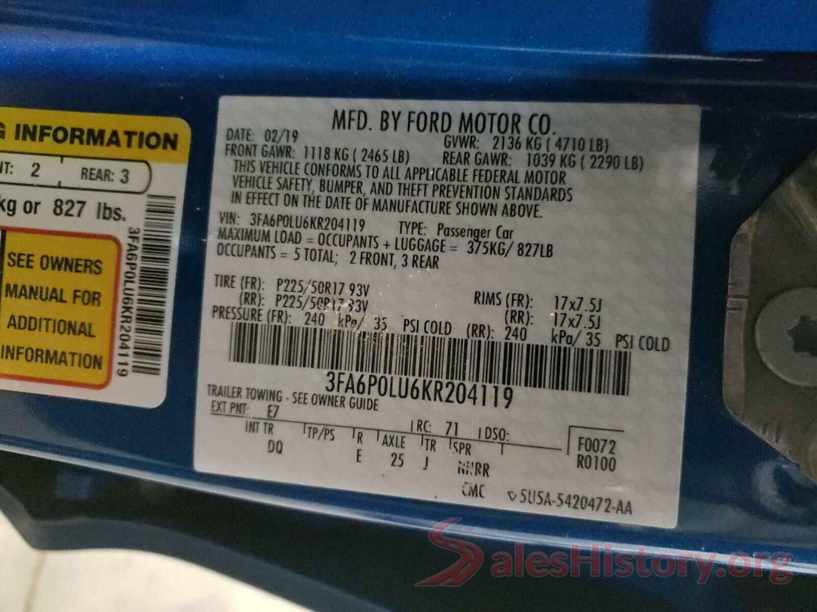 3FA6P0LU6KR204119 2019 FORD FUSION