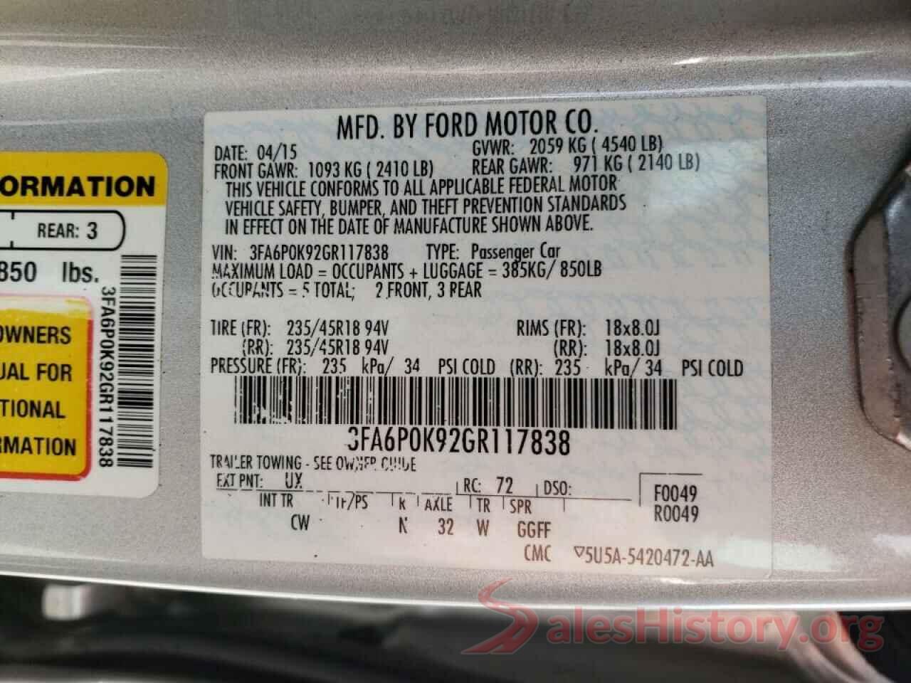 3FA6P0K92GR117838 2016 FORD FUSION