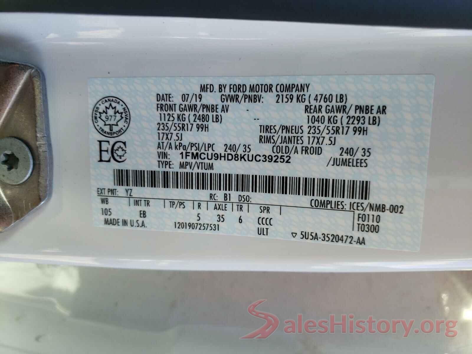 1FMCU9HD8KUC39252 2019 FORD ESCAPE