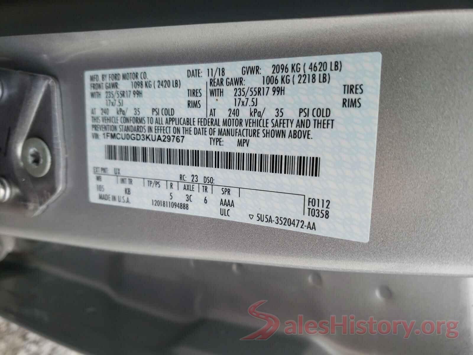 1FMCU0GD3KUA29767 2019 FORD ESCAPE