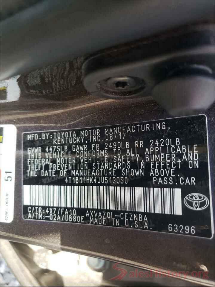 4T1B11HK4JU513050 2018 TOYOTA CAMRY