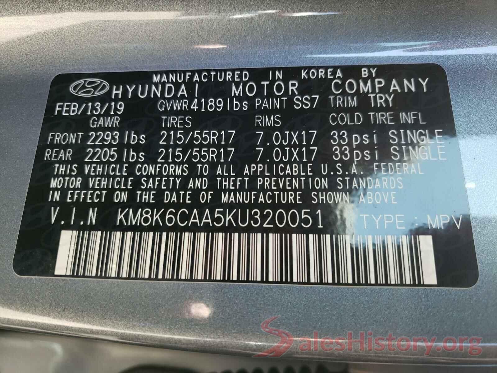 KM8K6CAA5KU320051 2019 HYUNDAI KONA