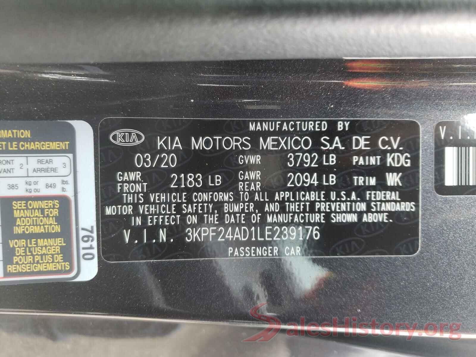 3KPF24AD1LE239176 2020 KIA FORTE