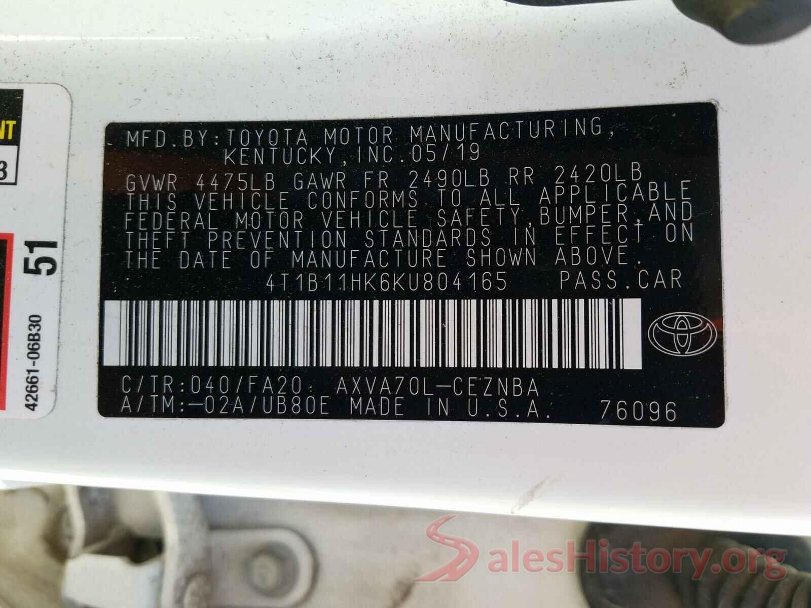 4T1B11HK6KU804165 2019 TOYOTA CAMRY