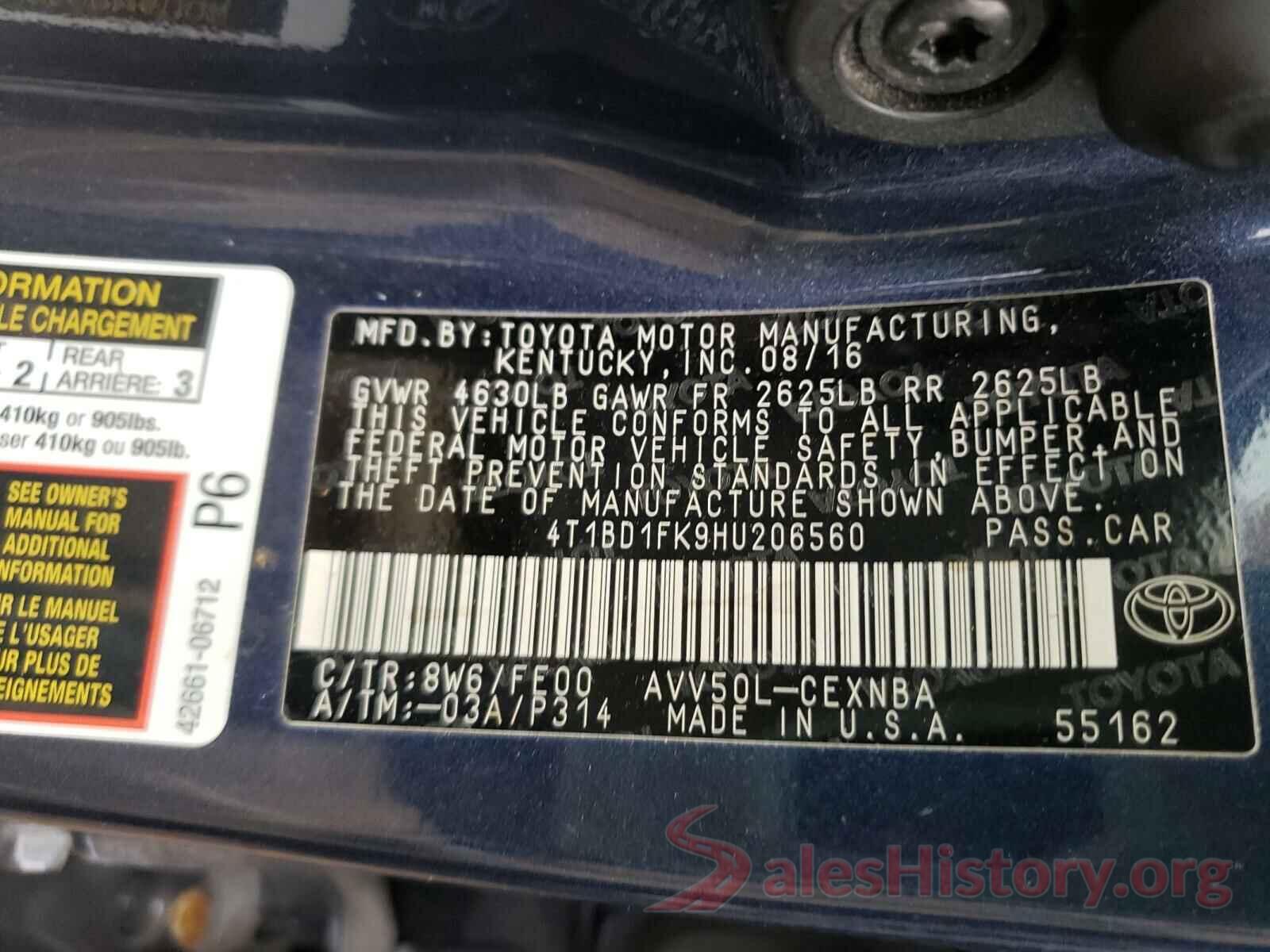 4T1BD1FK9HU206560 2017 TOYOTA CAMRY