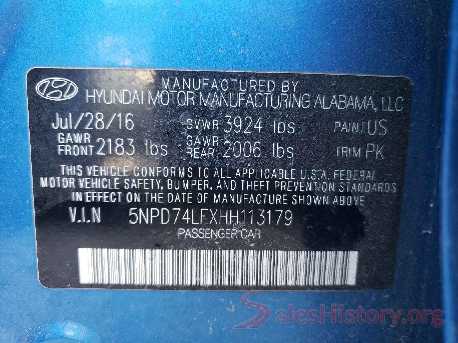 5NPD74LFXHH113179 2017 HYUNDAI ELANTRA