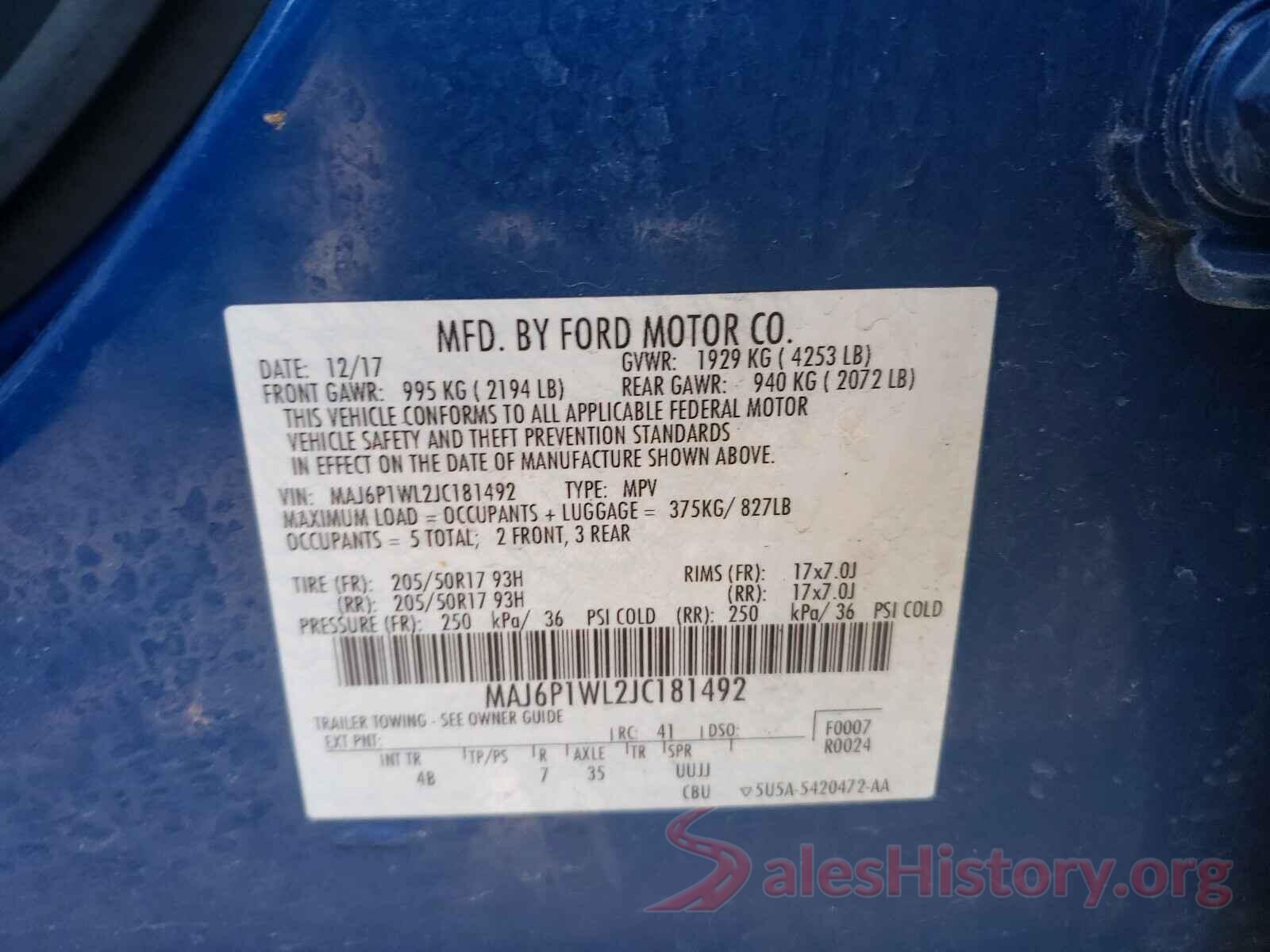 MAJ6P1WL2JC181492 2018 FORD ALL OTHER