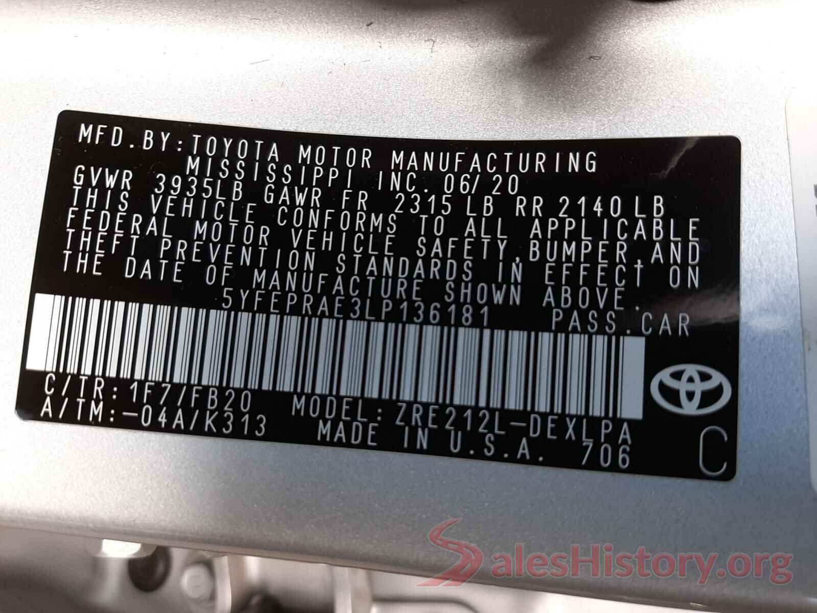 5YFEPRAE3LP136181 2020 TOYOTA COROLLA