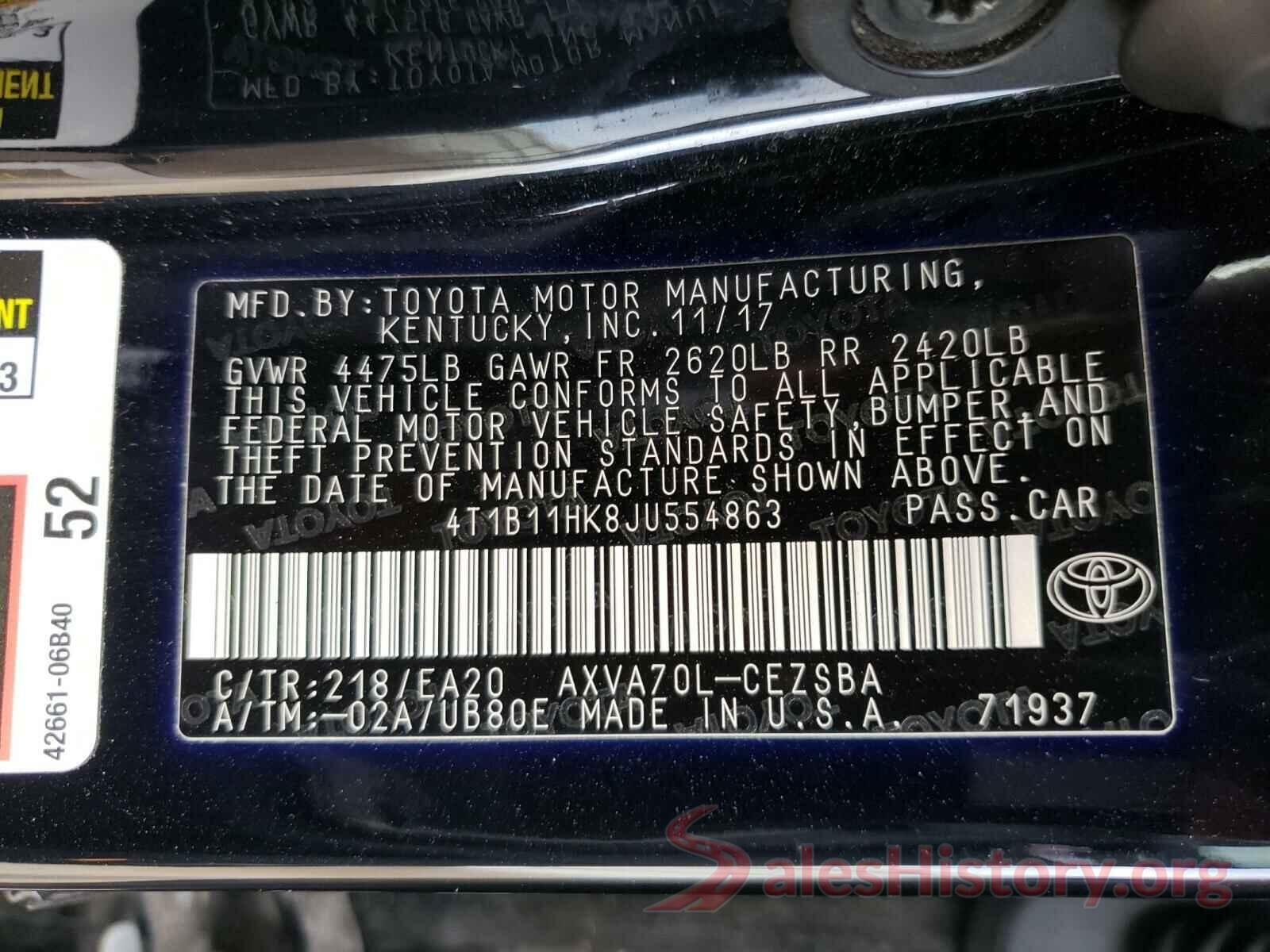 4T1B11HK8JU554863 2018 TOYOTA CAMRY