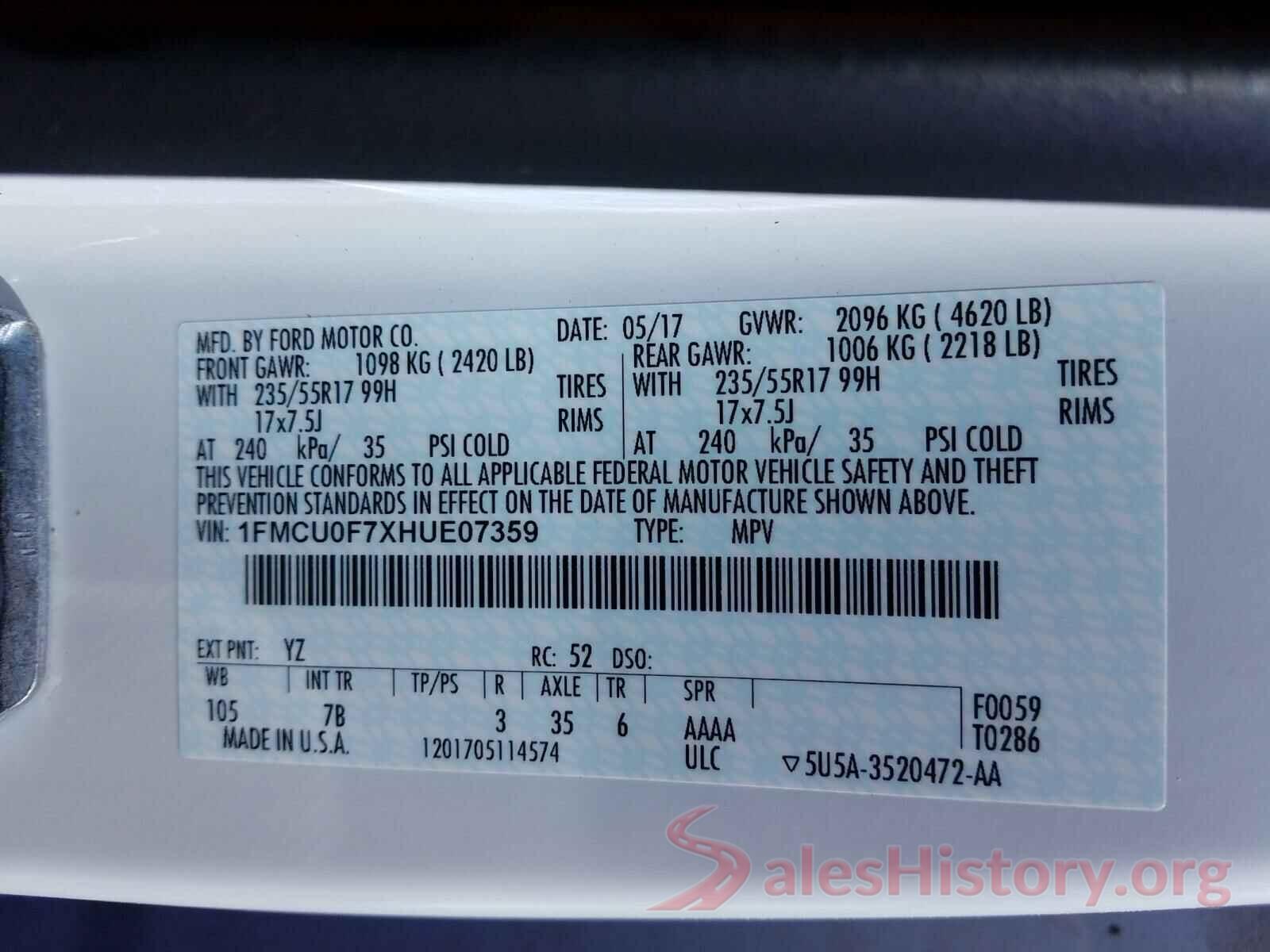 1FMCU0F7XHUE07359 2017 FORD ESCAPE